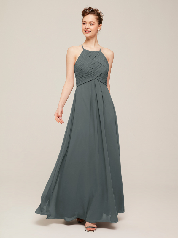 Halter Formal Evening Prom Gowns Long Chiffon Bridesmaid Dresses A-Line Beaded 