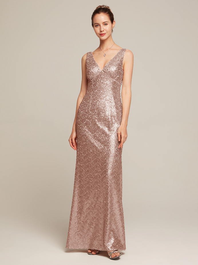 Alicepub V-Neck Sequins Gold Bridesmaid Dress Long Mermaid Prom Evening Formal Gown