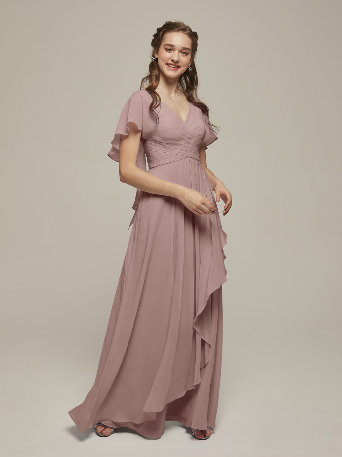 Alicepub Chiffon Bridesmaid Dresses Long Formal Evening Prom Dress with Flutter Sleeve