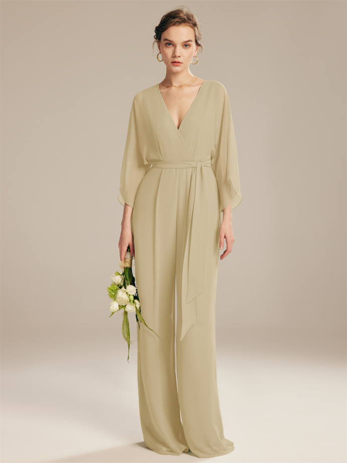 Alicepub V-Neck 3/4 Sleeves A-line Chiffon Bridesmaid Dress