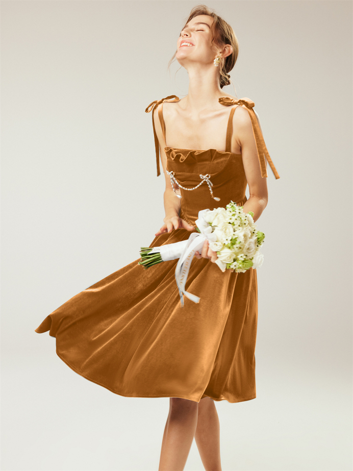 Alicepub Straight Neckline Sleeveless A-line Velvet Short Bridesamid Dress for Women