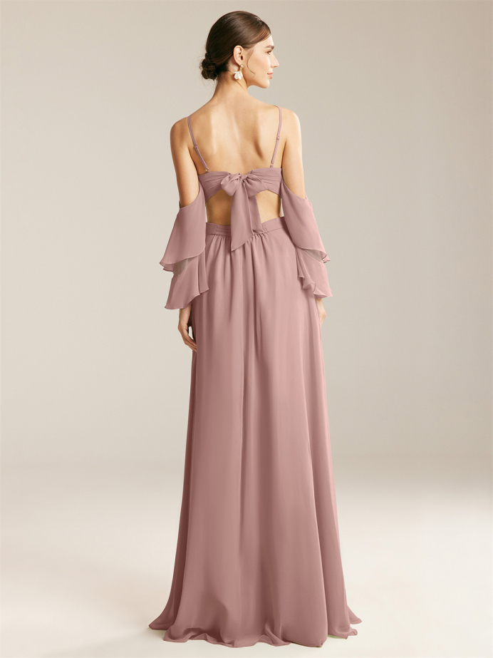Alicepub A-line Jewel Neckline Butterfly Sleeves Chiffon Bridesmaid Dress