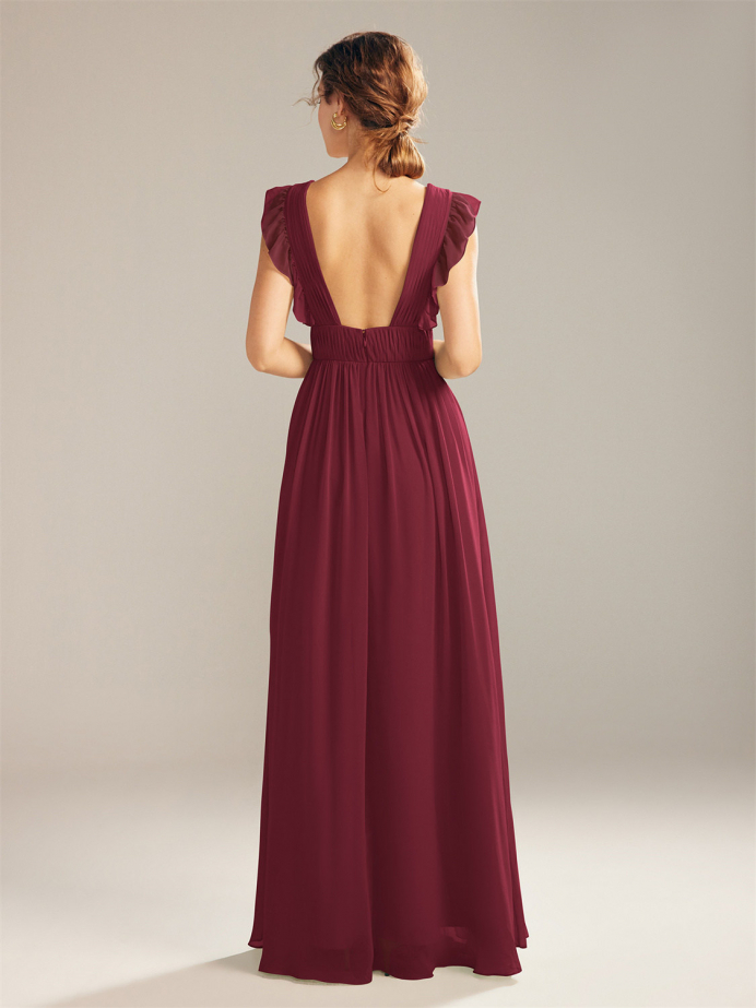 Alicepub A-line V-Neck Sleeveless Chiffon Fabric Bridesmaid Dress
